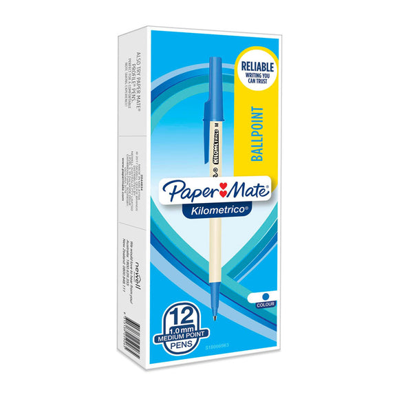 Paper Mate Kilometrico Capped Ball Pen Blue Bx12 writes for over a kilometer and has a tungsten carbide barrel so ideal for writing on carbon paper. Tip size: 1.0mm. Color: Blue