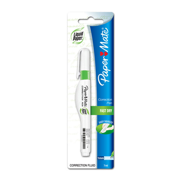 Paper Mate Liquid Paper Correction Pen 7ml Bx12 features fast-drying fluid in pen form. Squeeze-control allows easy dispensing and precision tip is ideal for correcting single characters. Corrects ball point, gel, rollerball, and most marker ink.