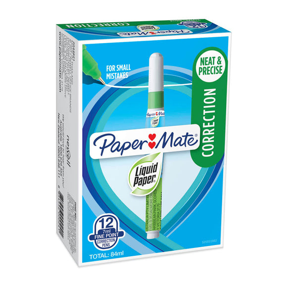 Paper Mate Liquid Paper Correction Pen 7ml Bx12 is a fast-drying fluid with excellent coverage in pen form that allows correction fluid to be dispensed easily. It features a precision tip. 7ml.