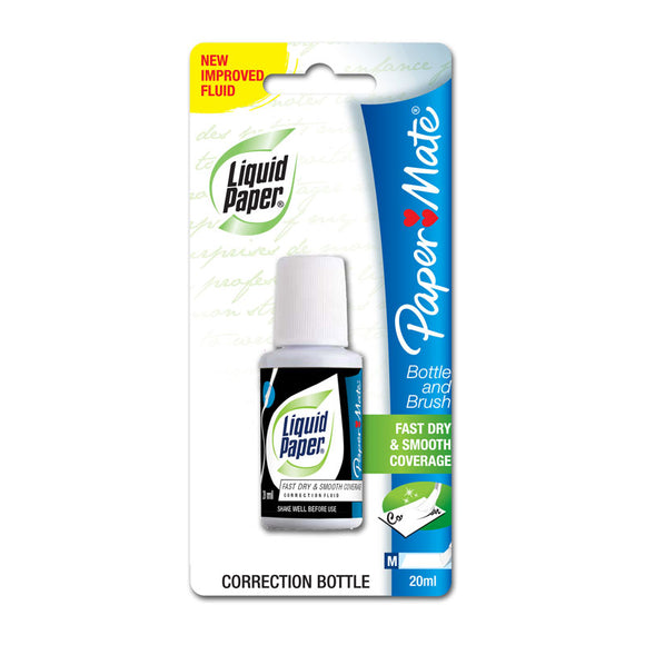 Paper Mate Liquid Paper Correction Fluid 20ml Bx12 is a fast-dry,  smooth coverage correction fluid for everyday corrections. All purpose bond white formula will correct anything. Spill resistant bottle with brush applicator. No thinners required.