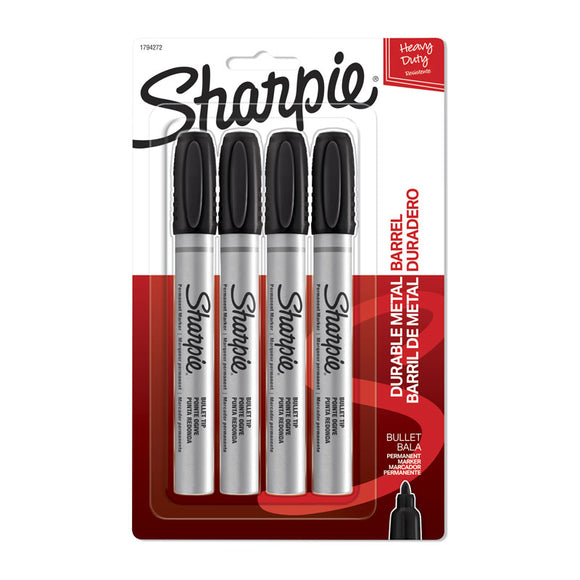 Sharpie Metal Permanent Marker Bullet Black Pk4 marks on wet and oily surfaces. Suitable for plastic, wood, stone, foil, metal, corrugate, and leather. Durable chisel tip and aluminum body. Ink is fade and water resistant. Tip: Bullet Color: Black