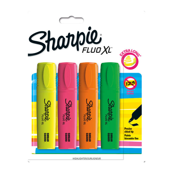 Sharpie Fluo XL Highlighter Assorted Pk4 Bx12 ink jumps off the page. Chisel end and easy-to-grip barrel help you precisely highlight to create clear, legible notes. Smear Guard ink technology resists smudging. Colour: Yellow, Pink, Orange, Green. 