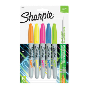 Sharpie Neon Fine Point Permanent Marker Asst Pk5 are bright in the day, fluorescent in the dark. Writes on paper, plastic, wood, and leather. Quick-drying formula resists smearing and fading. Tip size: 1.0mm. Color: Orange, Green, Pink, Yellow, Blue
