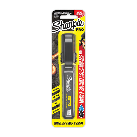 Sharpie Pro Chisel Black is jobsite-tough and designed with the Tradesman in mind. Ink is formulated to mark on wet, oily, dusty, and abrasive surfaces. Durable tip stands up to wear and tear. Lanyard loop for quick access. Tip: Chisel. Color: Black
