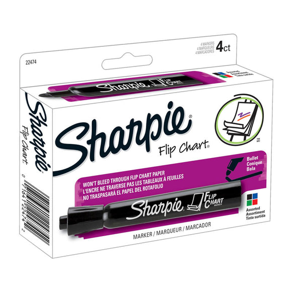 Sharpie Flip Chart Markers Business Assorted Bx4 are designed to eliminate annoying squeaks. Low odor formula ink won't bleed through paper. Vivid colors. AP certified non-toxic. Tip:  Bullet. Color: Business Assorted (Black, Blue, Red, Green)
