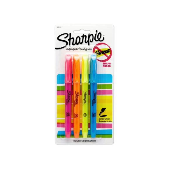 Sharpie Pocket Accent Highligter Asst Colours Pk4 Bx6 are bright, easy-to-see colors to make your highlighted text easy to read. Smear Guard ink helps prevent smearing.Tip Size: ChiselColour: Assorted (Yellow, Pink, Orange, Blue)