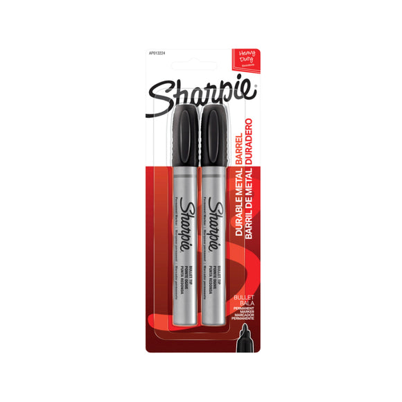 Sharpie Metal Permanent Marker Bullet Black Pk2 marks on wet and oily surfaces. Suitable for plastic, wood, stone, foil, metal, corrugate, and leather. Durable chisel tip and aluminum body. Ink is fade and water resistant. Tip: Bullet Color: Black