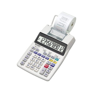 Sharp EL1750V 12 Digit Desktop Printing Calculator has a 12 digit, LCD display with punctuation and a 2-colour serial printer. Extra functions include tax key, mark up, floating or fixed decimal, item count and cost/sell/margin keys.