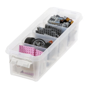 Storage Box with Inserts & White Clips 38x14x11cm - Ideal for keeping small items such as arts&crafts supplies, small toys, hair accessories or jewellery in order. Storage box is stackable with lid. Strong clipss ensure tight lid closure.