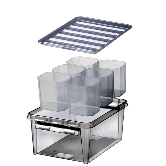 Storage Box with 6 Inserts & White Clips 40x30x18cm - Ideal for keeping small items in order. Excellent to use as a tool box. Storage box is stackable with lid. Strong Clipss ensure tight lid closure.