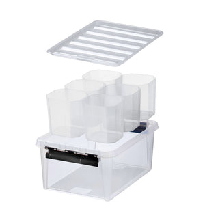 Storage Box with 6 Inserts & Black Clips 40x30x18cm - Ideal for keeping small items in order. Excellent to use as a tool box. Storage box is stackable with lid. Strong Clips ensure tight lid closure.