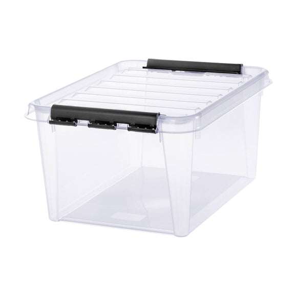 Storage Box with Black Clips 50x39x26cm 32L - Spacious storage box for all round storage in hallway or storage room. Ideal size for storing seasonal clothes, shoes and blankets. Boxes nest without lids and stack with them on.