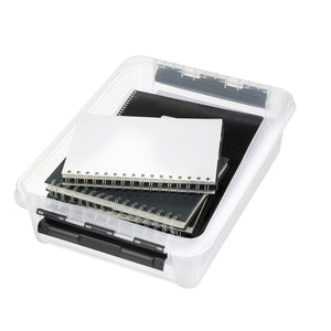 Storage Box with Black Clips 40x30x11cm 8L - Practical storage box for A4 format documents. Use to organise papers, files and magazines. Boxes nest without lids and stack with them on. The sturdy clips keep the lid firmly in place.