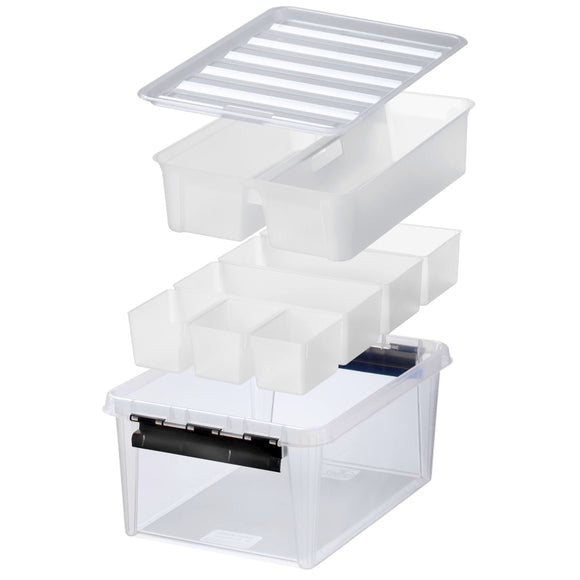 Storage Box with 7 Inserts & Black Clips 40x30x18cm - Ideal for keeping small items in order. Excellent to use as a tool box. Storage box is stackable with lid. The strong clips secure the lid firmly in place.