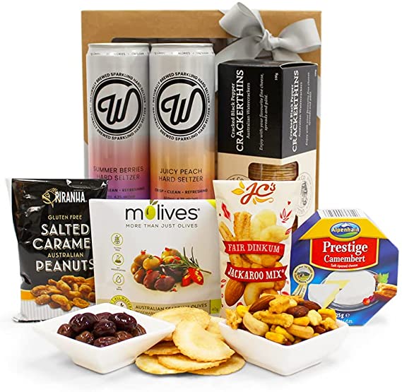 Seltzer & Snacks Gift Hamper - Seltzers, Crackers, Olives, Cheese & Nuts - Sweet & Savoury Gift Hamper Box for Birthdays, Christmas, Easter, Weddings, Receptions, Anniversaries, Office & College Parties
